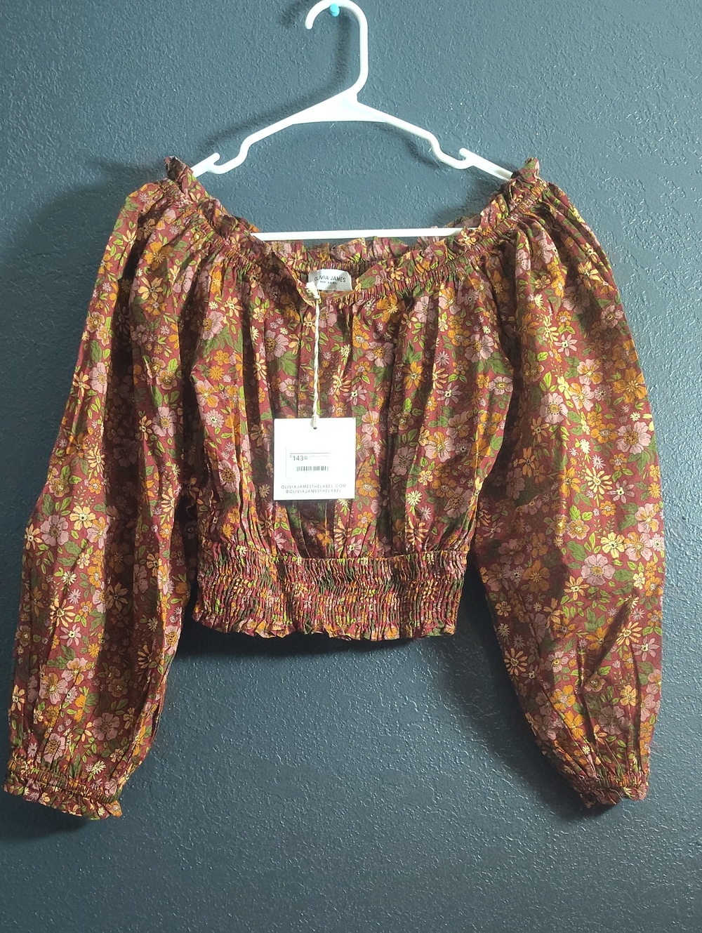NWT The Label Floral Olivia James Smocked Crop Top with Puff Sleeves